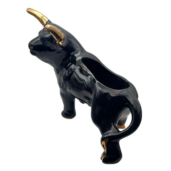 Vintage Black Ceramic Bull Planter Mid-Century Modern Gold Accents 1950s - Picture 3 of 9
